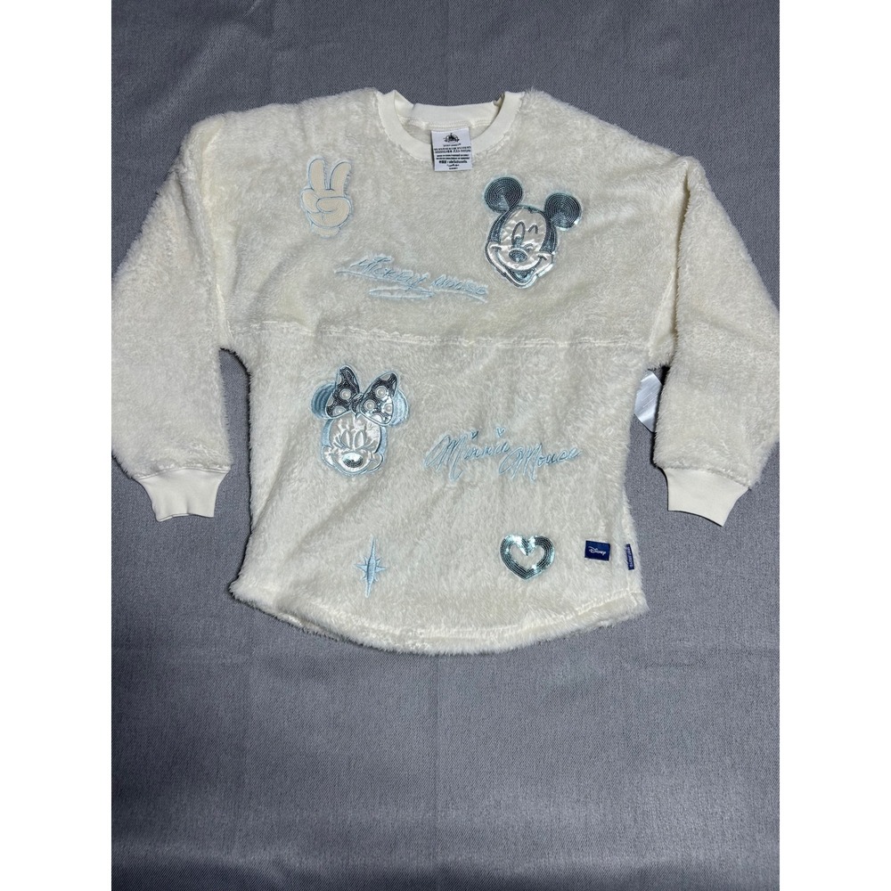 Disney Spirit Jersey Womens XS White Sherpa Mickey Minnie Mouse Sequin Pullover